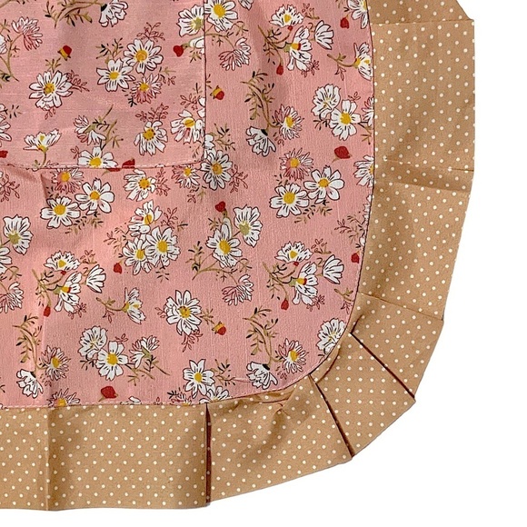 Apron Retro Bib Style Adjustable Waist Tie Floral Polka Dot Womens Pink Tan OS - Picture 8 of 16